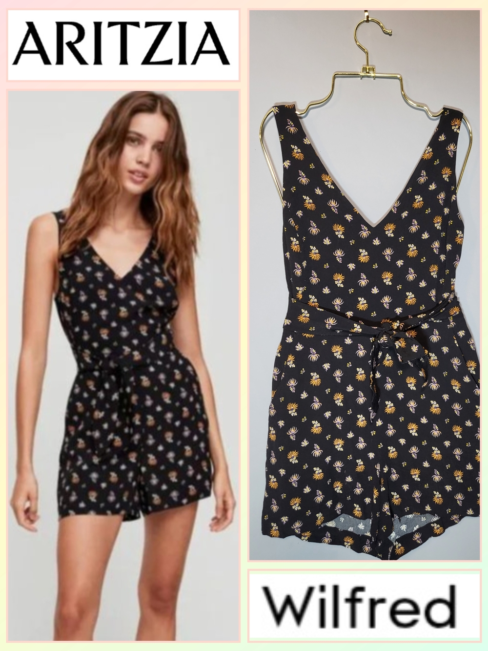 Aritzia Sz 4 Wilfred Black Floral V-Neck Romper Full Wrap Top Playsuit